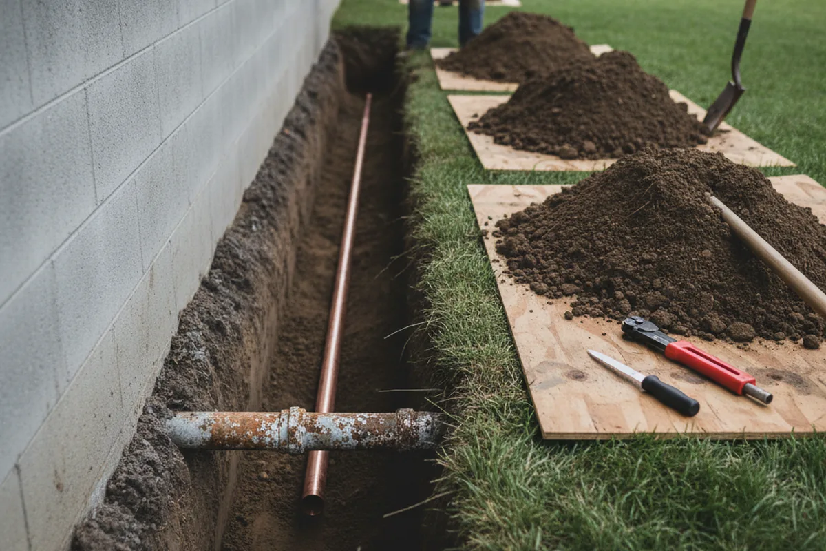 Excavated water line trench during Water Heater Repair in Potts Grove
